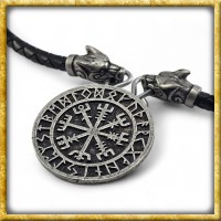 Wikinger Halskette Vegvísir mit Wolfskopf Lederband